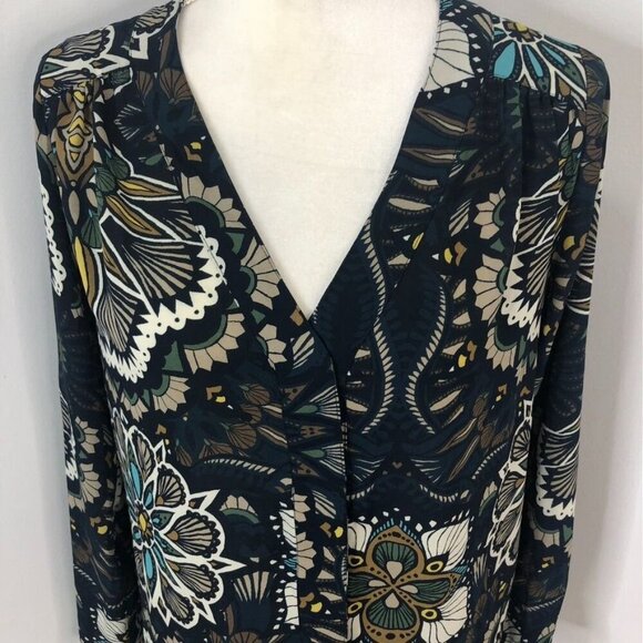 H&M Floral Print Long Sleeve V-Neck Blouse Size 4 Button Front Brown Blue Office - Picture 2 of 14